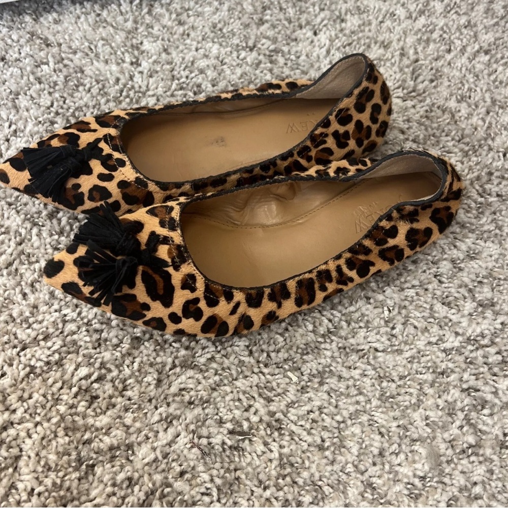 J Crew Leopard Print Calf Hait Tassled Flats
